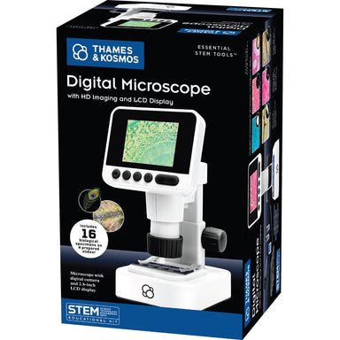 Boxed digital microscope with HD imaging and LCD display by Thames & Kosmos on a white background