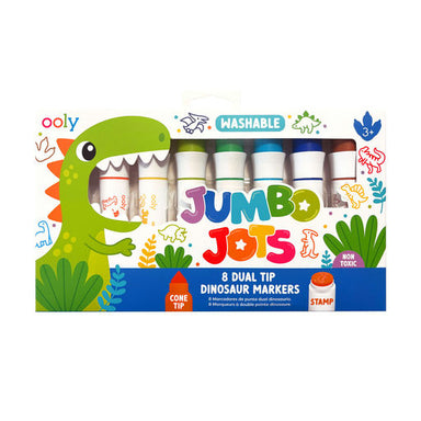 Ooly Jumbo Jots Washable Dinosaur Markers in a retail box with a cartoon green dinosaur, colorful lettering, and dinosaur illustrations on a white background.