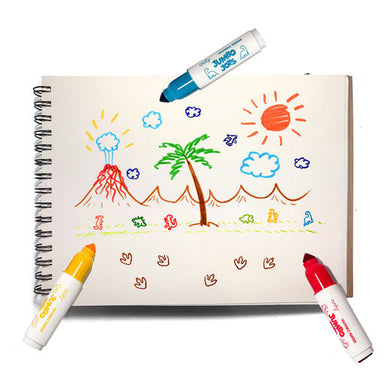 A spiral-bound sketchbook with colorful hand-drawn dinosaur and landscape illustrations, surrounded by three Jumbo Markers on a white background.