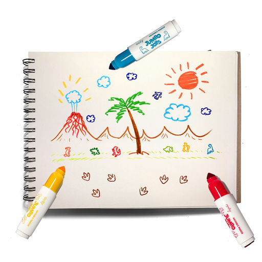 A spiral-bound sketchbook with colorful hand-drawn dinosaur and landscape illustrations, surrounded by three Jumbo Markers on a white background.