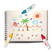 A spiral-bound sketchbook with colorful hand-drawn dinosaur and landscape illustrations, surrounded by three Jumbo Markers on a white background.