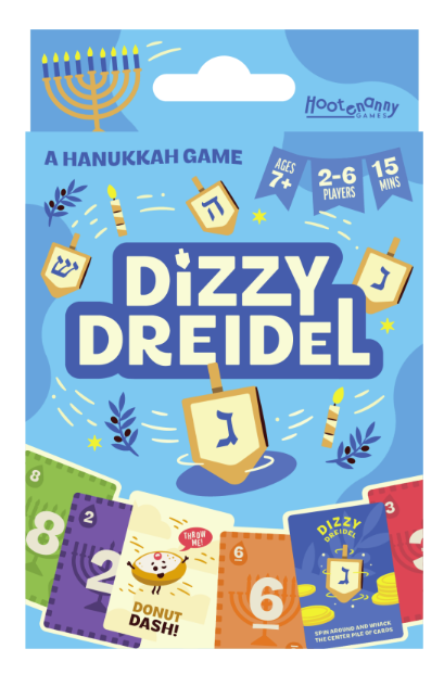 Dizzy Dreidel Hanukkah game packaging with colorful cards and game pieces on a blue background.