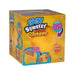 A cube-shaped retail box for 'Ola Easy Squeefzy Super Cheesy' toy, featuring a bright yellow and orange design with illustrations of hands squeezing the toy and text highlighting its soft, extra-soft texture.