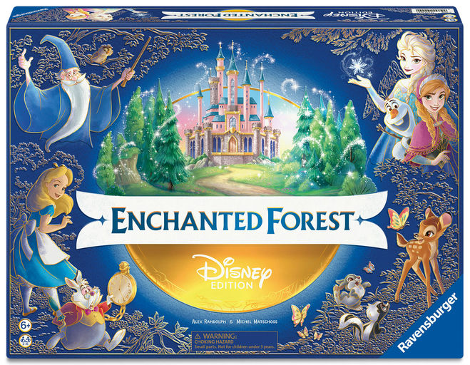 Disney Enchanted Forest board game box featuring illustrated Disney characters and a glowing castle on a dark blue illustrated background. Visible brands include Disney and Ravensburger.