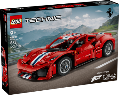 LEGO Technic Ferrari F50 box front showing a red model sports car with white and blue racing stripes on a road with mountains in the background. LEGO and Technic branding are visible, along with the Ferrari logo and Forza Horizon 4 text.