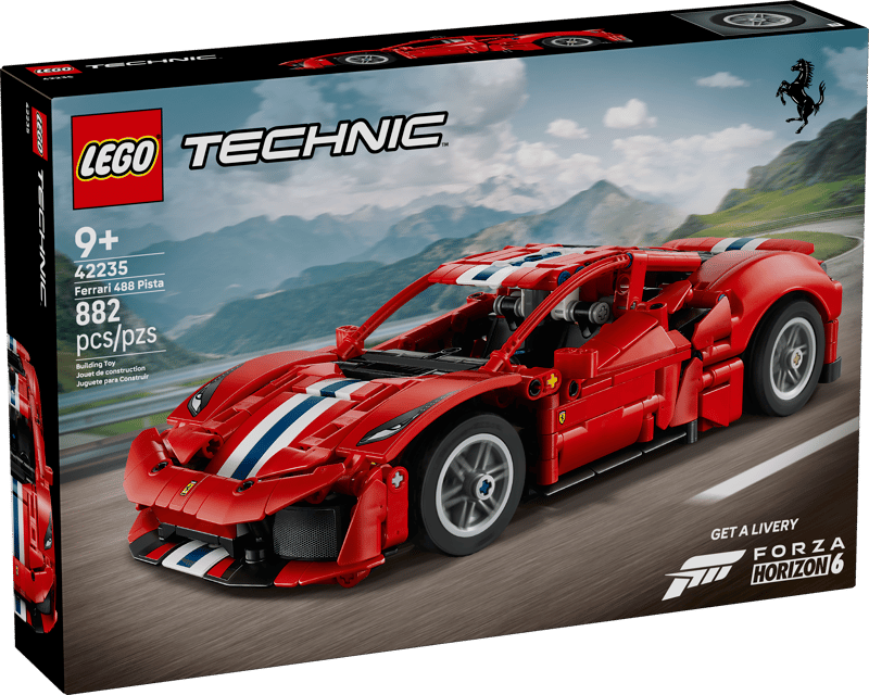 LEGO Technic Ferrari F50 box front showing a red model sports car with white and blue racing stripes on a road with mountains in the background. LEGO and Technic branding are visible, along with the Ferrari logo and Forza Horizon 4 text.