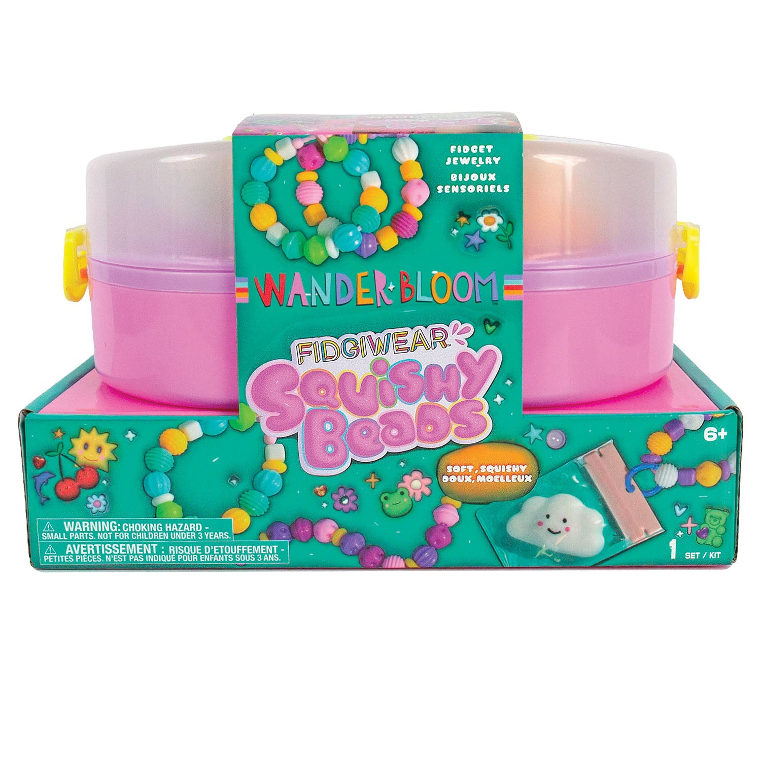 Wander Bloom Fido Wear Squishy Beads set in its retail packaging, featuring two pink plastic bead jars with translucent lids and yellow handles, displayed on a teal box with colorful bead illustrations.