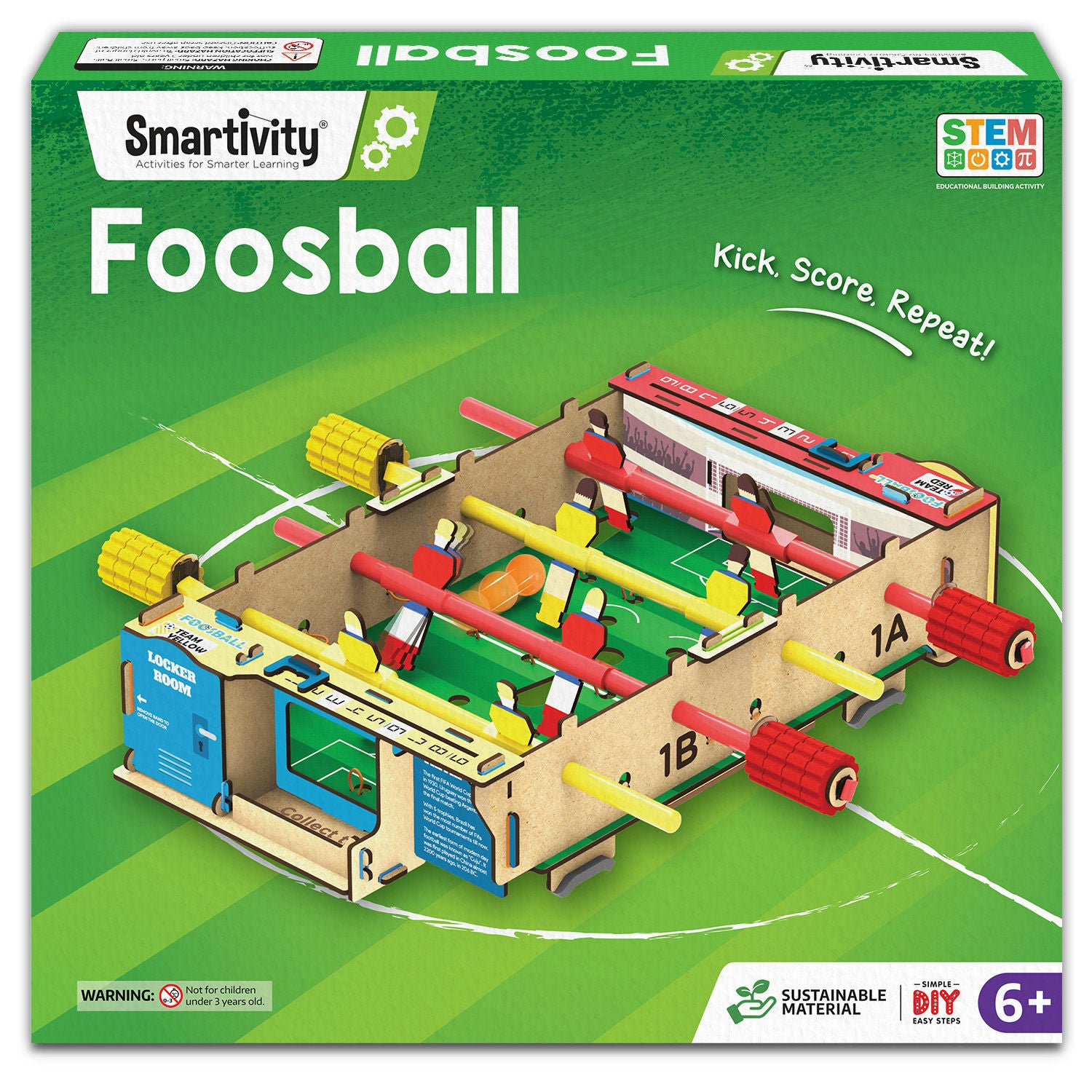Smartivity Foosball DIY craft kit box, featuring a green background with an illustration of the assembled wooden foosball table in the center.