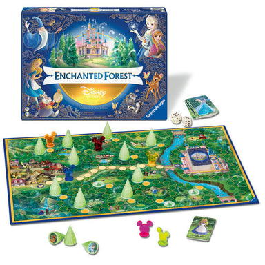 Disney Enchanted Forest board game set with the illustrated game box, a large green forest playmat, cards, dice, and character pieces arranged on a white background.
