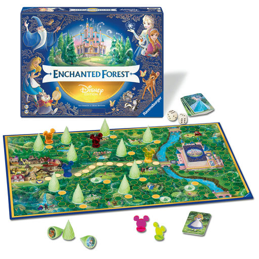 Disney Enchanted Forest board game set with the illustrated game box, a large green forest playmat, cards, dice, and character pieces arranged on a white background.