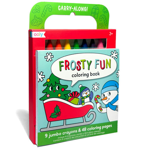 Ooly Frosty Fun Coloring Book set in its red and green carry-along packaging, featuring a light blue cover with festive holiday illustrations of a Christmas tree, penguin, snowman, and sleigh.