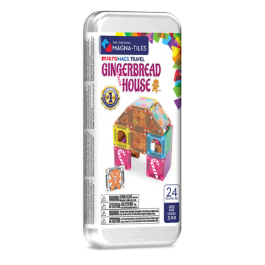 Packaged microMags Travel Gingerbread House set in a clear plastic case, featuring a white label with colorful graphics and product details.