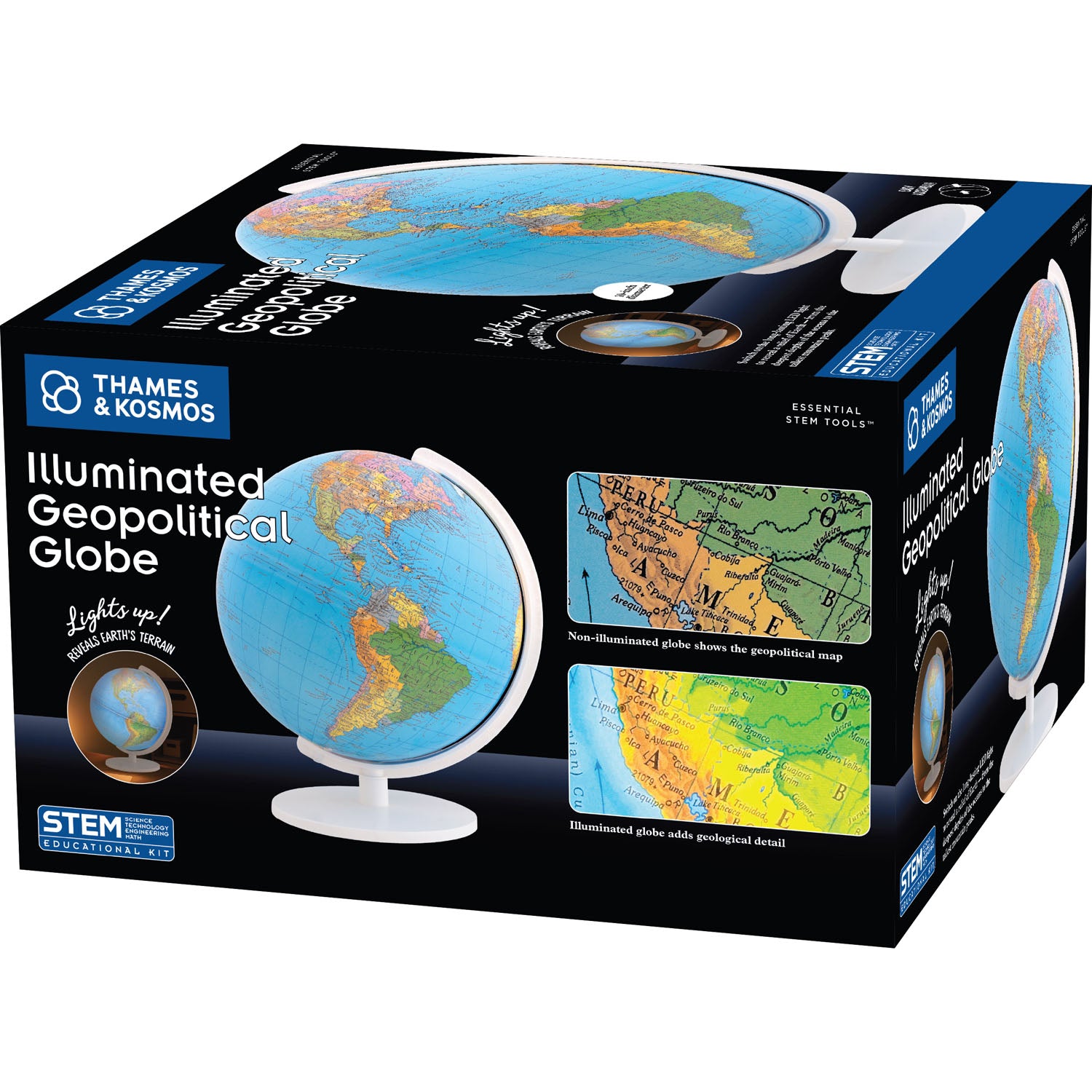 Thames & Kosmos Illuminated Geopolitical Globe educational kit in its retail packaging, featuring a black box with blue accents and a globe illustration on the front.