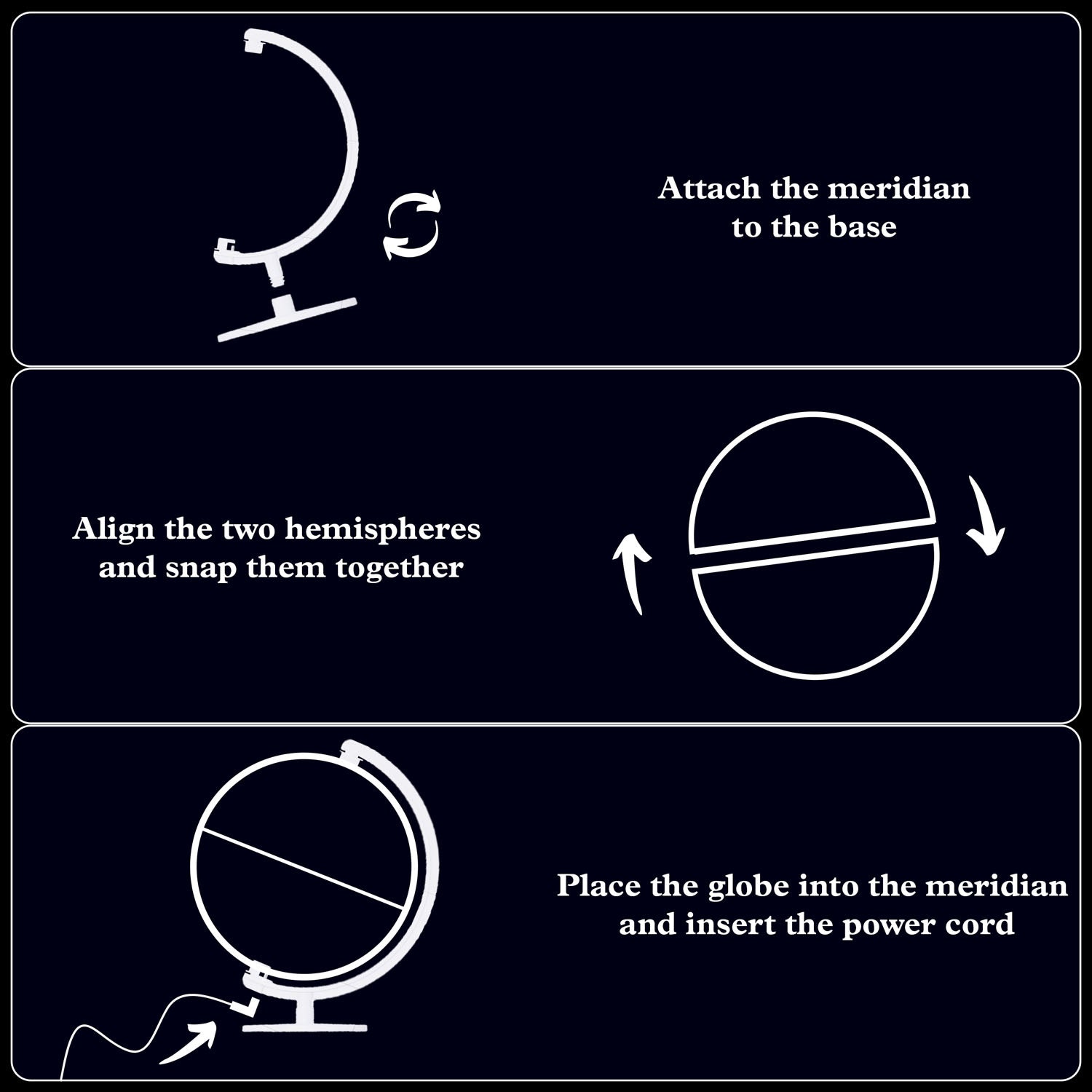 Three-panel instruction diagram on a dark background showing how to assemble and use a globe stand: attach the meridian to the base, align and snap the two hemispheres together, and place the globe into the meridian with the power cord inserted.