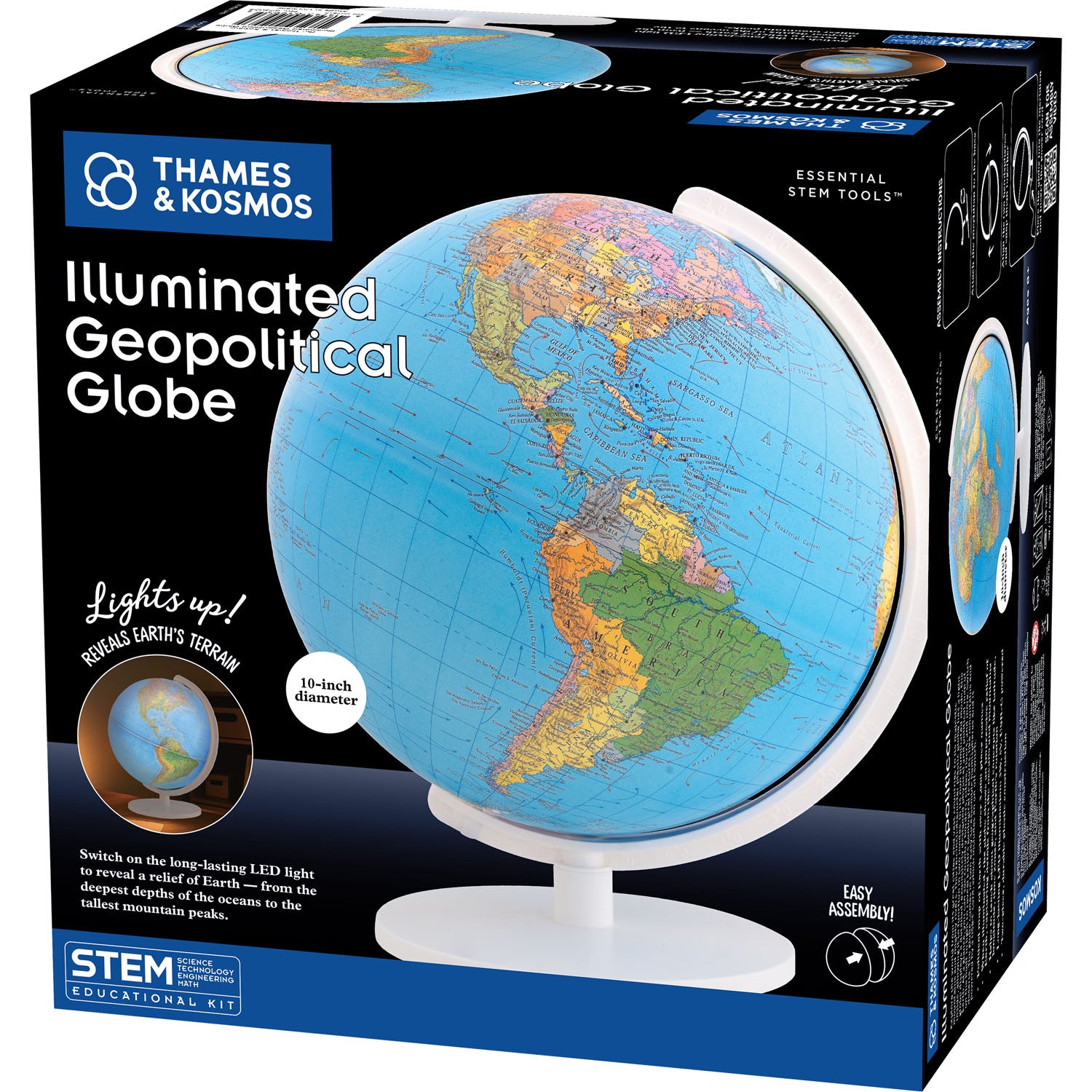 Thames & Kosmos Illuminated Geopolitical Globe educational toy in its retail packaging, featuring a 10-inch illuminated globe on a white stand.
