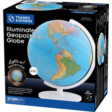 Thames & Kosmos Illuminated Geopolitical Globe educational toy in its retail packaging, featuring a 10-inch illuminated globe on a white stand.