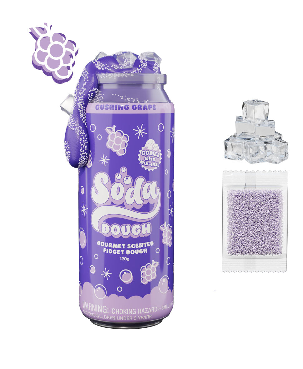 Purple canister labeled 'Soda Dough' with a decorative bow and small container of purple powder on a white background.