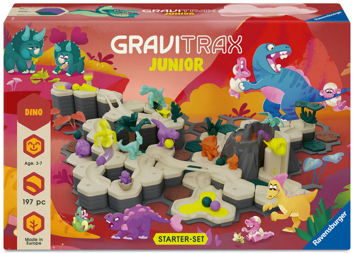 Gravitrax Junior toy set packaging with colorful dinosaurs and track layout.