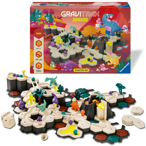 Ravensburger GraviTrax Junior Dinosaur Starter Set toy board game with its retail box, showing the colorful game board, dinosaur figures, and hexagonal terrain pieces on a white background.