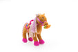 Plush toy horse with pink feet and a colorful mane on a white background