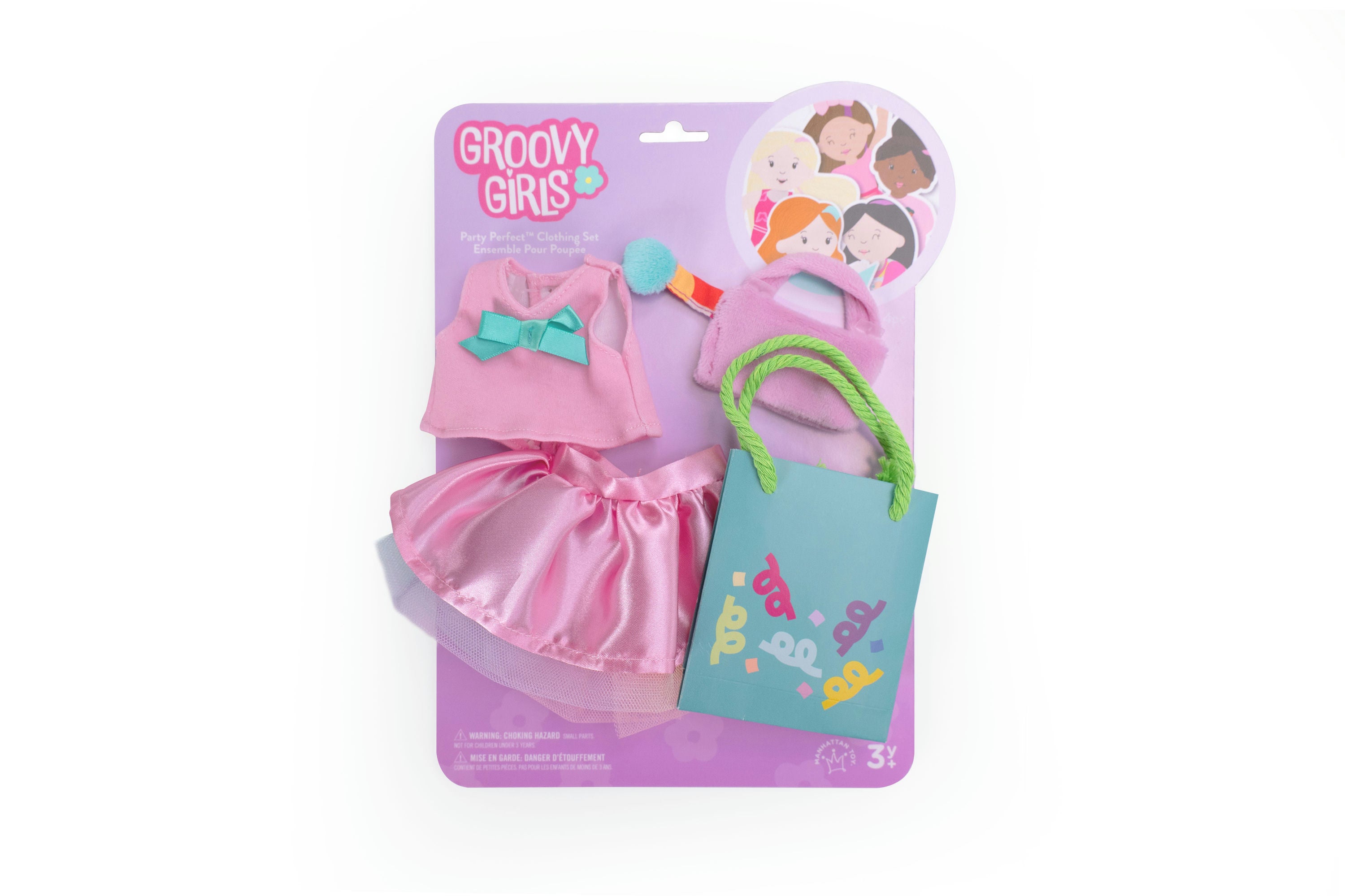 Groovy Girls toy set packaging with pink outfit, hair accessories, and tag on a white background