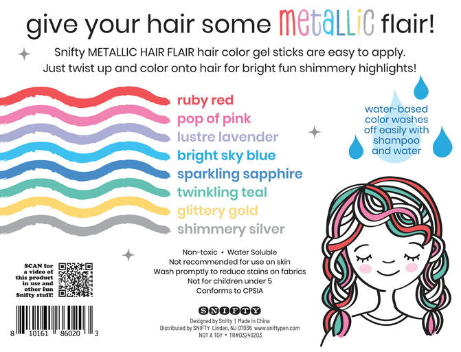 Product packaging for Sniffy metallic hair color gel sticks with color options and application instructions.