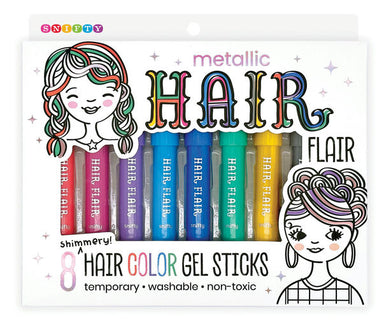 SHIMRYY metallic hair flair gel stick set in a white retail box, featuring 8 colorful gel sticks and illustrated cartoon hair graphics.