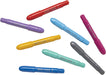 Seven hair marker pens in assorted colors including red, purple, light blue, yellow, pink, gray, and teal, arranged diagonally on a plain white background.
