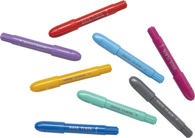 Seven hair marker pens in assorted colors including red, purple, light blue, yellow, pink, gray, and teal, arranged diagonally on a plain white background.