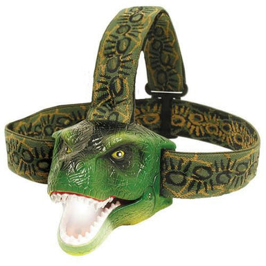 Green dinosaur headlamp with a textured strap on a white background
