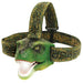 Green dinosaur headlamp with a textured strap on a white background