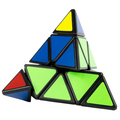 Pyraminx-style puzzle with colored triangular faces on a white background