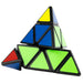 Pyraminx-style puzzle with colored triangular faces on a white background