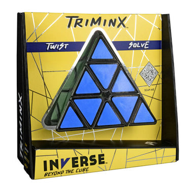 A triangular twisty puzzle toy in its retail packaging, featuring blue triangular pieces with black borders. The packaging is yellow and black with 'TRIMINX' and 'INVERSE' branding.