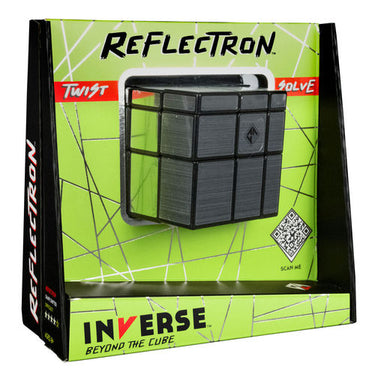The Reflectron Twist Solve puzzle cube by Inverse, shown inside its lime green and black retail packaging box against a white background.