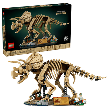 LEGO Triceratops skeleton model with packaging in the background