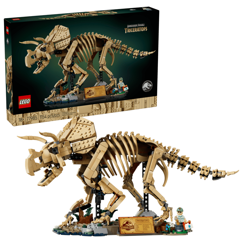 LEGO Triceratops skeleton model with packaging in the background