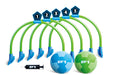 Children's toy bowling set with numbered pins and two balls on a white background