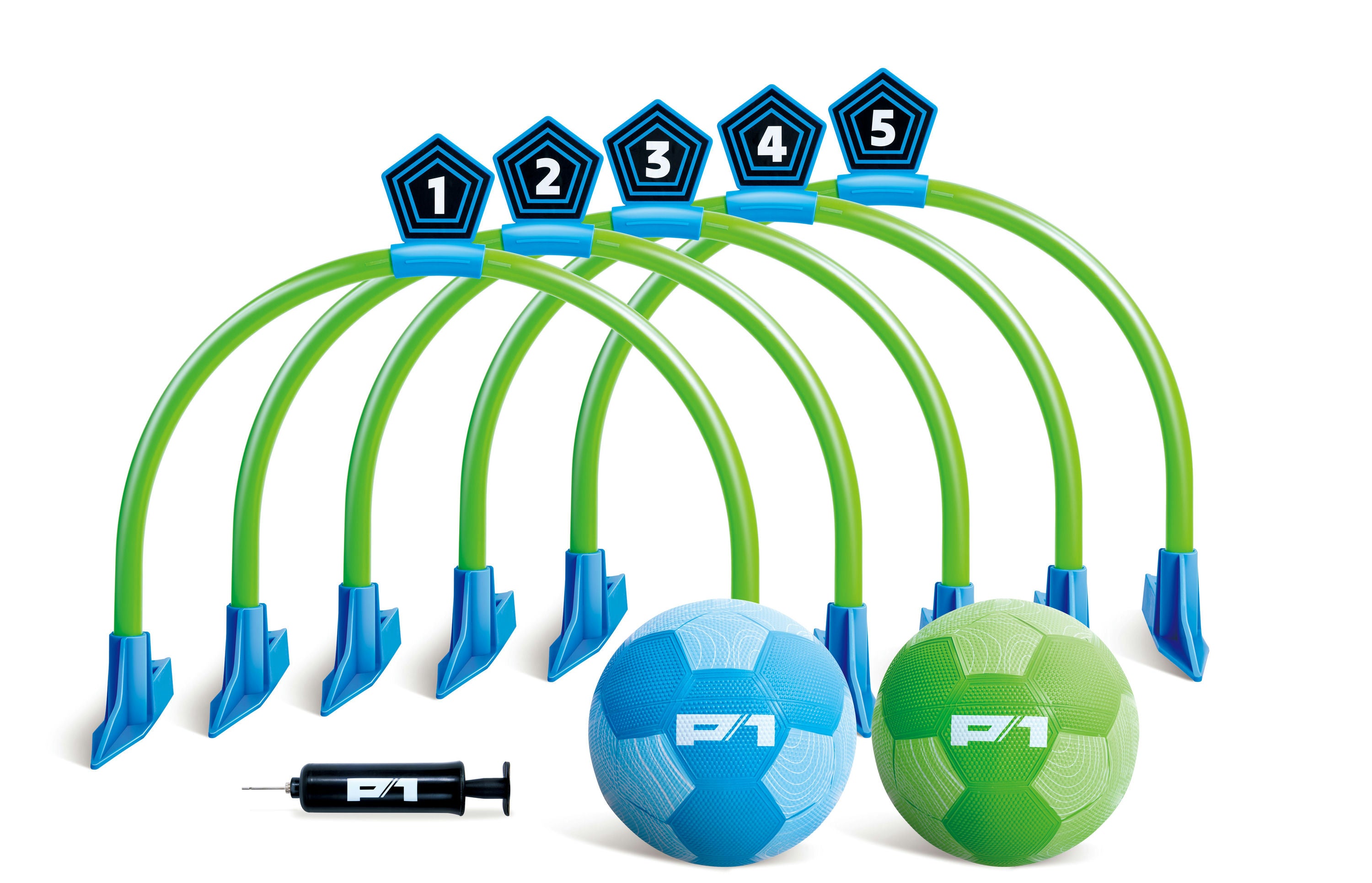 Children's toy bowling set with numbered pins and two balls on a white background