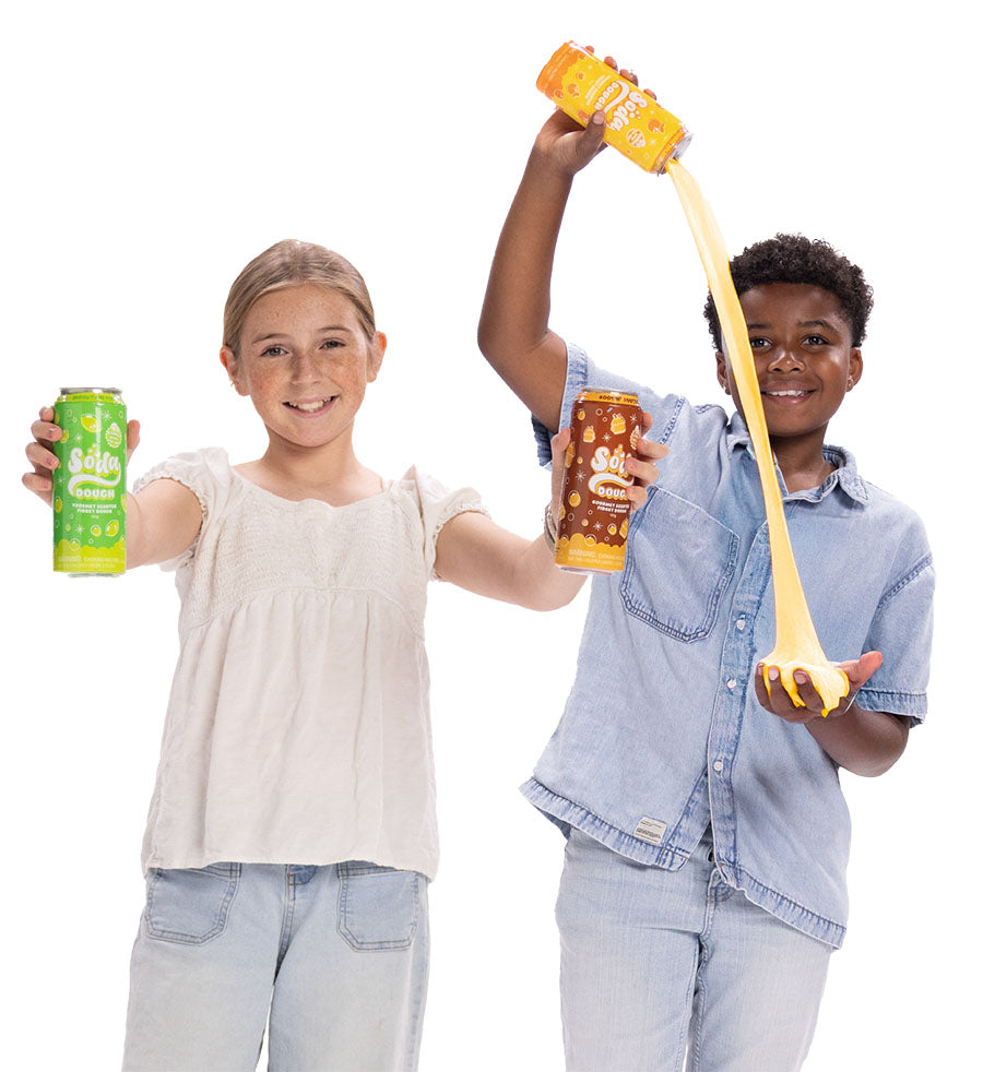 Two children holding cans of Slime and Stretchy Putty against a white background