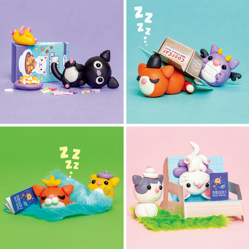 A 2x2 collage showing four cute cat-themed toy sets in colorful studio scenes. The top-left panel shows a black-and-white cat figure beside a cereal box and bowl on a lavender background.