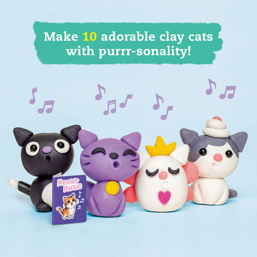Four cute clay cat figurines in different colors and poses on a light blue background, with a green text banner at the top that reads 'Make 10 adorable clay cats with purrr-sonality!' and purple musical notes floating around.