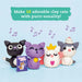 Four cute clay cat figurines in different colors and poses on a light blue background, with a green text banner at the top that reads 'Make 10 adorable clay cats with purrr-sonality!' and purple musical notes floating around.