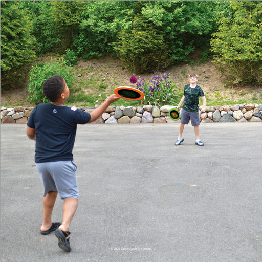 Two people playing with frisbees outdoors on a paved driveway, with trees and a stone wall in the background.