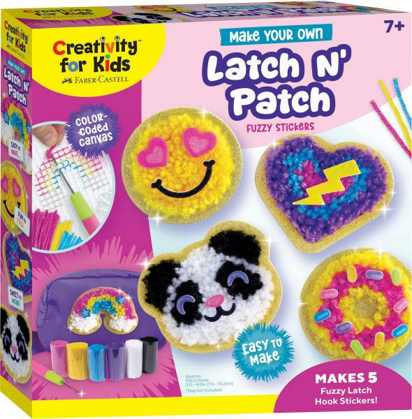 Creativity for Kids Latch N' Patch fuzzy stickers kit packaging with colorful stickers and tools.