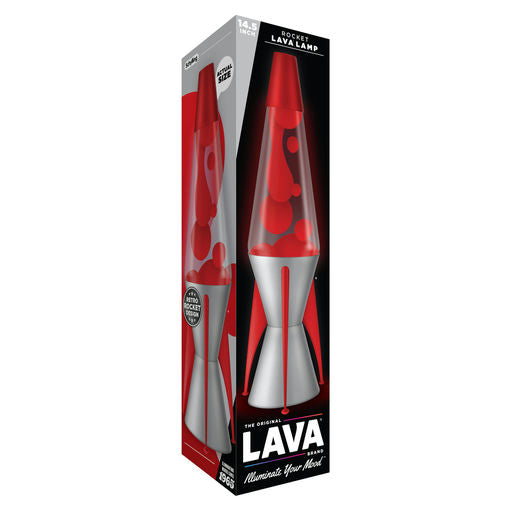 The Original Lava Lamp by Sockets, shown in its original retail packaging box. The lamp features a translucent red wax-filled glass container with a metallic silver base and legs, presented against a clean white background.