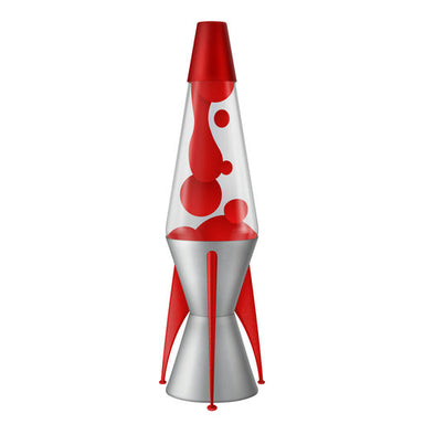 A retro-style lava lamp with a clear glass cone, red wax blobs, a red top, and a metallic silver base with red legs, shown on a plain white background.