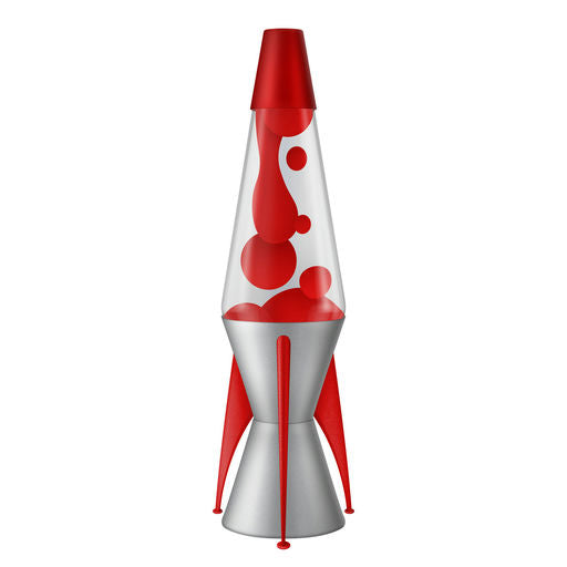 A retro-style lava lamp with a clear glass cone, red wax blobs, a red top, and a metallic silver base with red legs, shown on a plain white background.