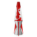 A retro-style lava lamp with a clear glass cone, red wax blobs, a red top, and a metallic silver base with red legs, shown on a plain white background.