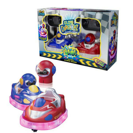 Glow Crash Z Racing Cars toy set with two glow-in-the-dark race cars in front of their retail packaging box on a white background.